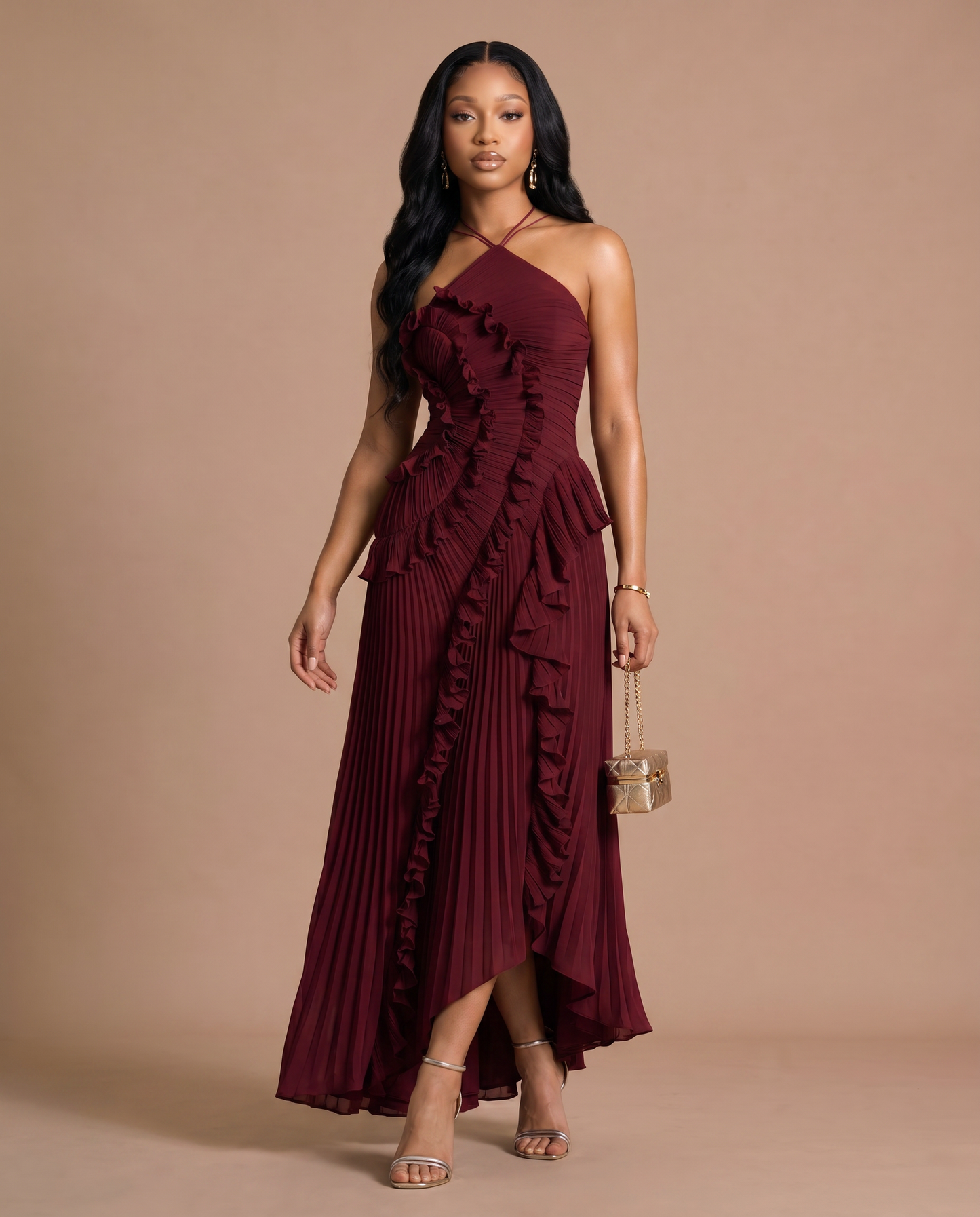 Celeste Pleated Dress — Wine-Burgundy