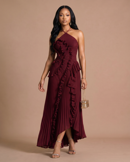Celeste Pleated Dress — Wine-Burgundy