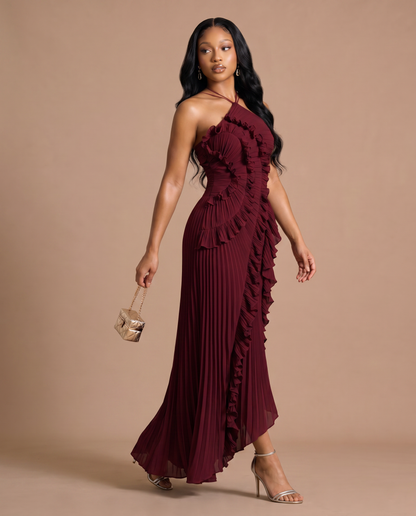 Celeste Pleated Dress — Wine-Burgundy