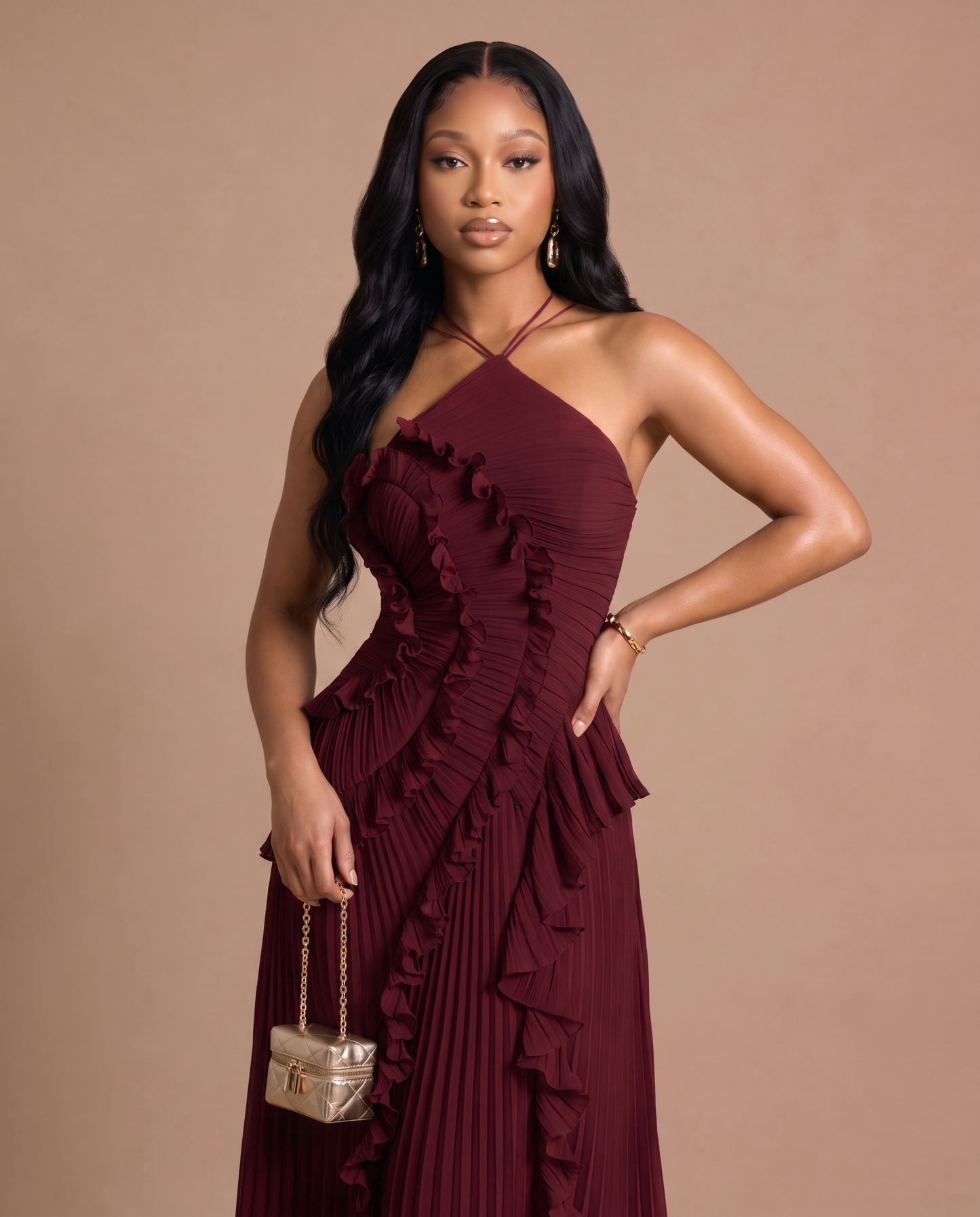 Celeste Pleated Dress — Wine-Burgundy