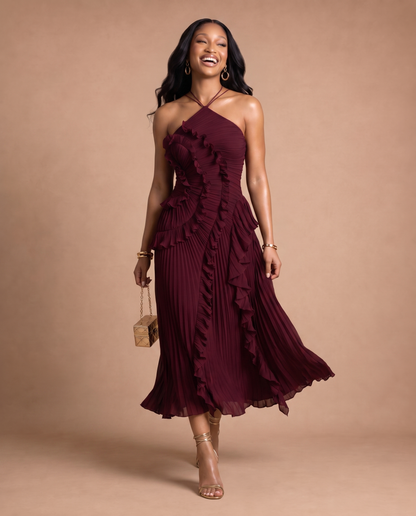Celeste Pleated Dress — Wine-Burgundy